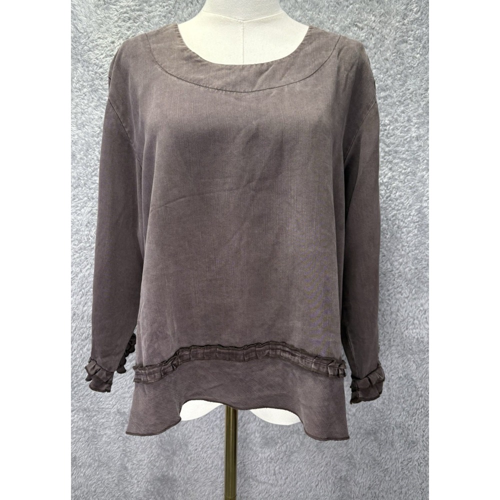 Two Wishes Womens S Brown Ruffle Top Lagenlook Artsy Boho Romantic Minimalist